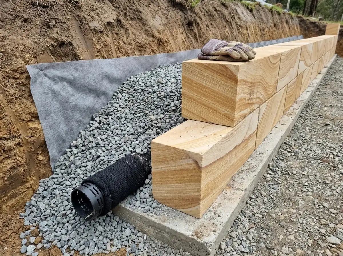 Drainage behind a sandstone block retaining wall: slotted ag pipe, gravel backfill and geotextile fabric