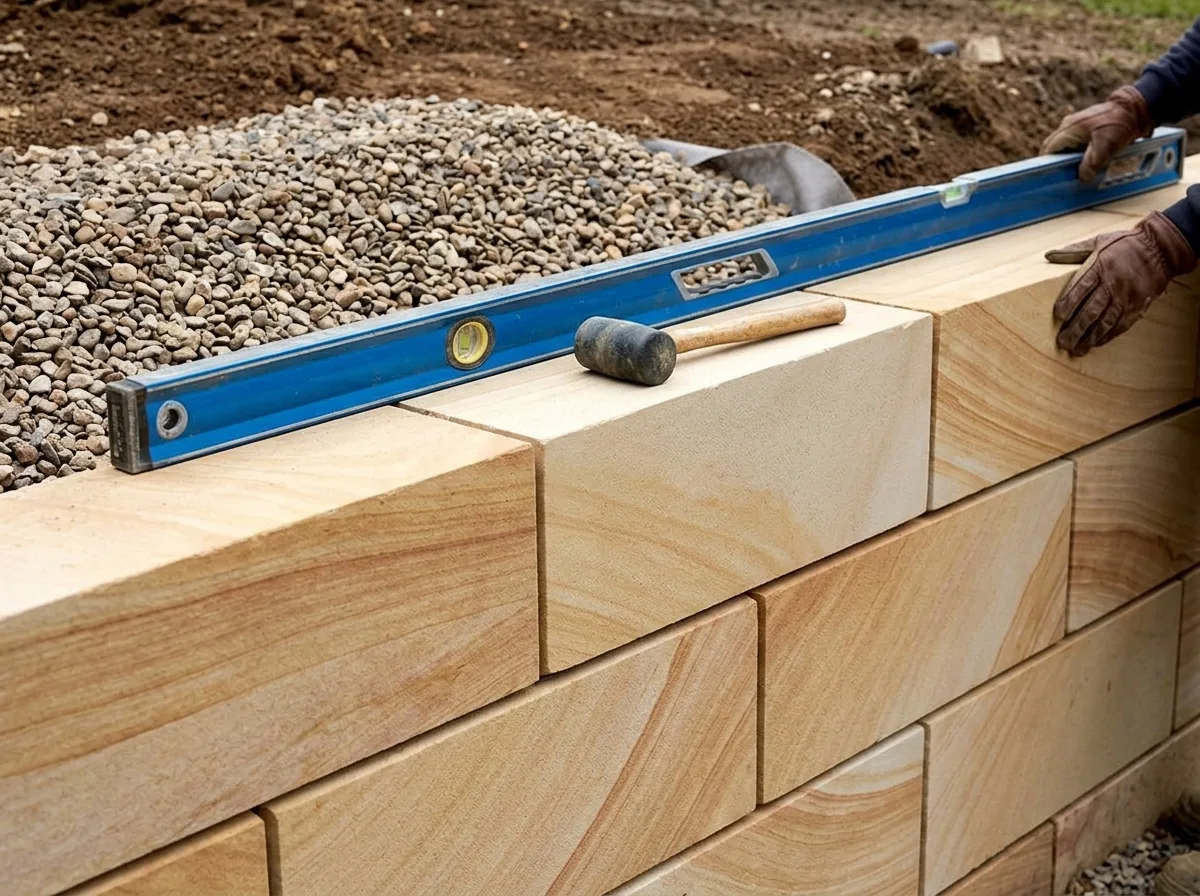 Levelling a course of sawn sandstone blocks on a retaining wall