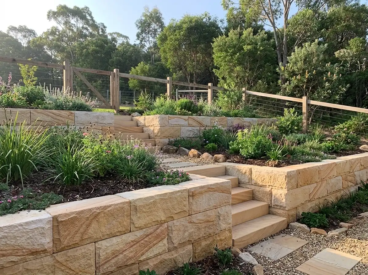 Rock-face sandstone block retaining walls and sandstone steps in a terraced garden