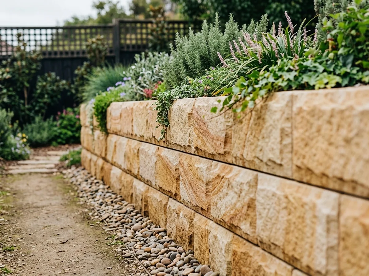 Split-face sandstone block retaining wall with textured blocks and even coursing